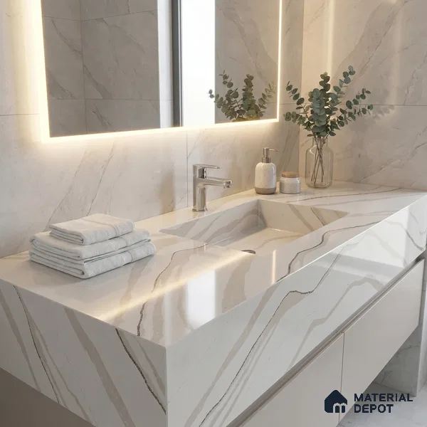 Belina Quartz QR 00238 Ivory Cascade Helsinki Series 11.5 ft x 6.5 ft Quartz - 20 mm | 10 Years of Replacement Warranty | Suitable for Kitchen, Restaurant, Counter Tops, Dining, Reception, office