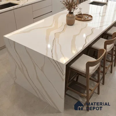 Belina Quartz QR 00238 Ivory Cascade Helsinki Series 11.5 ft x 6.5 ft Quartz - 20 mm | 10 Years of Replacement Warranty | Suitable for Kitchen, Restaurant, Counter Tops, Dining, Reception, office