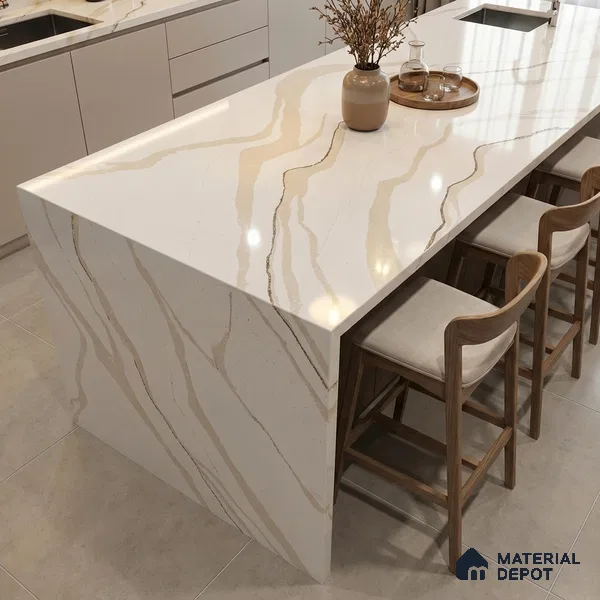 Belina Quartz QR 00238 Ivory Cascade Helsinki Series 11.5 ft x 6.5 ft Quartz - 20 mm | 10 Years of Replacement Warranty | Suitable for Kitchen, Restaurant, Counter Tops, Dining, Reception, office