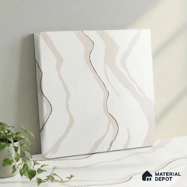 Belina Quartz QR 00238 Ivory Cascade Helsinki Series 11.5 ft x 6.5 ft Quartz - 20 mm | 10 Years of Replacement Warranty | Suitable for Kitchen, Restaurant, Counter Tops, Dining, Reception, office