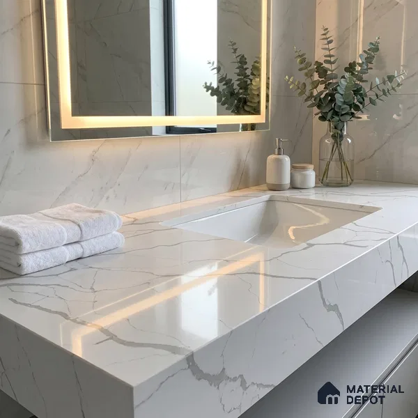 Belina Quartz QR 00239 Serene Calacatta Helsinki Series 11.5 ft x 6.5 ft Quartz - 20 mm | 10 Years of Replacement Warranty | Suitable for Kitchen, Restaurant, Counter Tops, Dining, Reception, office