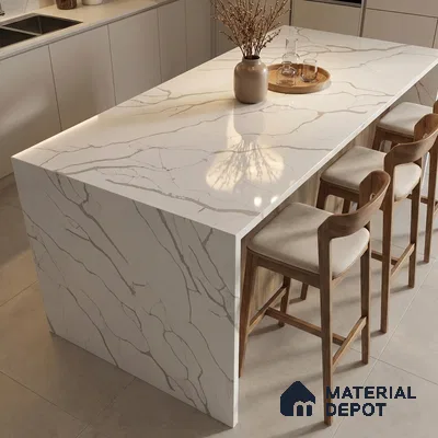 Belina Quartz QR 00239 Serene Calacatta Helsinki Series 11.5 ft x 6.5 ft Quartz - 20 mm | 10 Years of Replacement Warranty | Suitable for Kitchen, Restaurant, Counter Tops, Dining, Reception, office