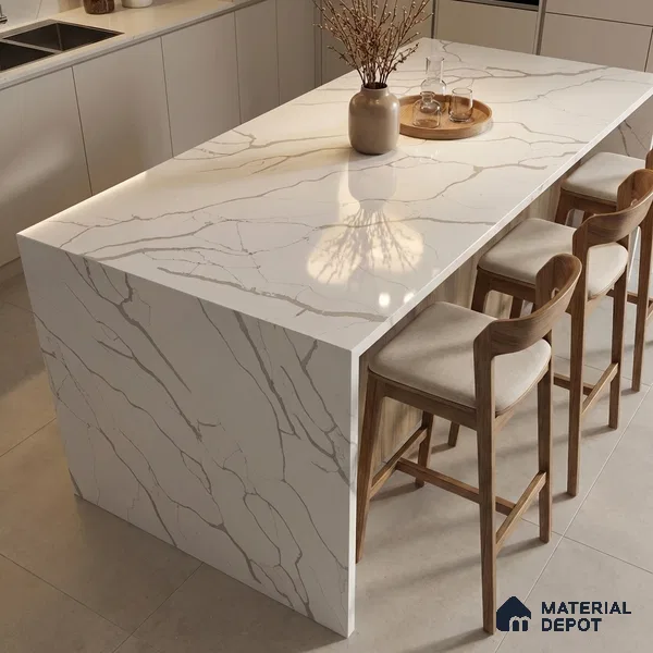 Belina Quartz QR 00239 Serene Calacatta Helsinki Series 11.5 ft x 6.5 ft Quartz - 20 mm | 10 Years of Replacement Warranty | Suitable for Kitchen, Restaurant, Counter Tops, Dining, Reception, office