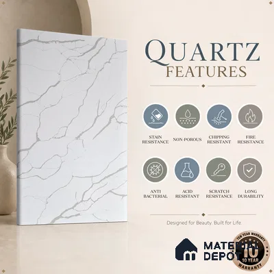 Belina Quartz QR 00239 Serene Calacatta Helsinki Series 11.5 ft x 6.5 ft Quartz - 20 mm | 10 Years of Replacement Warranty | Suitable for Kitchen, Restaurant, Counter Tops, Dining, Reception, office