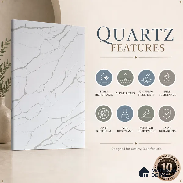 Belina Quartz QR 00239 Serene Calacatta Helsinki Series 11.5 ft x 6.5 ft Quartz - 20 mm | 10 Years of Replacement Warranty | Suitable for Kitchen, Restaurant, Counter Tops, Dining, Reception, office
