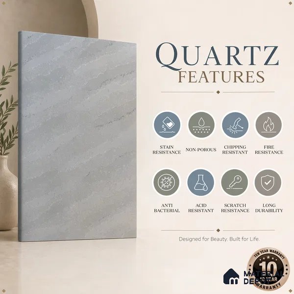 Belina Quartz QR 00242 Silver Drift Helsinki Series 11.5 ft x 6.5 ft Quartz - 20 mm | 10 Years of Replacement Warranty | Suitable for Kitchen, Restaurant, Counter Tops, Dining, Reception, office
