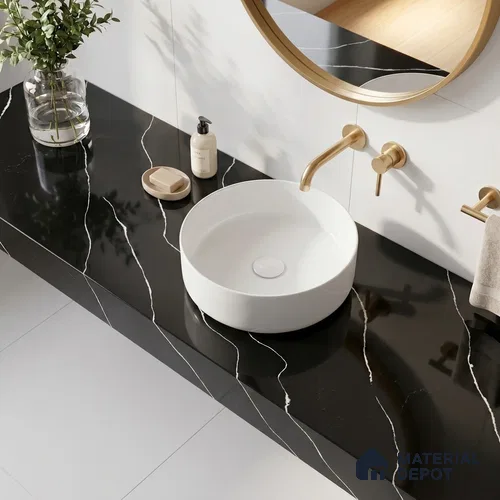 Belina Quartz QR 00243 Noir Cascade Helsinki Series 11.5 ft x 6.5 ft Quartz - 20 mm | 10 Years of Replacement Warranty | Suitable for Kitchen, Restaurant, Counter Tops, Dining, Reception, office