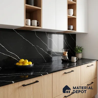 Belina Quartz QR 00243 Noir Cascade Helsinki Series 11.5 ft x 6.5 ft Quartz - 20 mm | 10 Years of Replacement Warranty | Suitable for Kitchen, Restaurant, Counter Tops, Dining, Reception, office