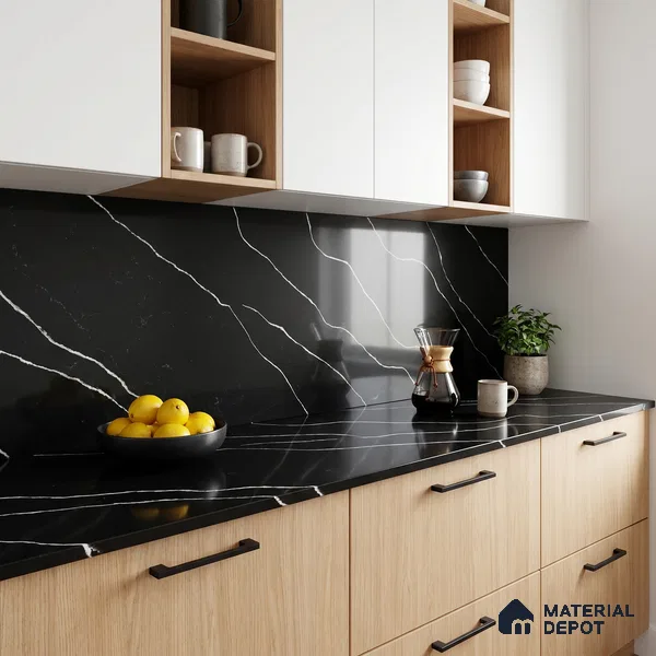 Belina Quartz QR 00243 Noir Cascade Helsinki Series 11.5 ft x 6.5 ft Quartz - 20 mm | 10 Years of Replacement Warranty | Suitable for Kitchen, Restaurant, Counter Tops, Dining, Reception, office