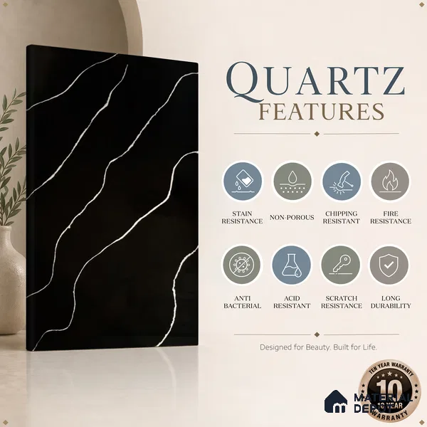 Belina Quartz QR 00243 Noir Cascade Helsinki Series 11.5 ft x 6.5 ft Quartz - 20 mm | 10 Years of Replacement Warranty | Suitable for Kitchen, Restaurant, Counter Tops, Dining, Reception, office