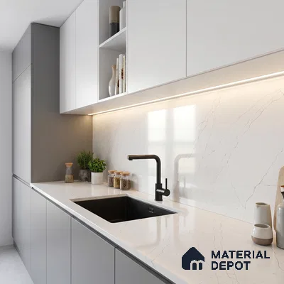 Belina Quartz QR 00245 Ivory Cascade Helsinki Series 11.5 ft x 6.5 ft Quartz - 20 mm | 10 Years of Replacement Warranty | Suitable for Kitchen, Restaurant, Counter Tops, Dining, Reception, office