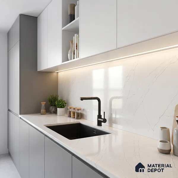 Belina Quartz QR 00245 Ivory Cascade Helsinki Series 11.5 ft x 6.5 ft Quartz - 20 mm | 10 Years of Replacement Warranty | Suitable for Kitchen, Restaurant, Counter Tops, Dining, Reception, office