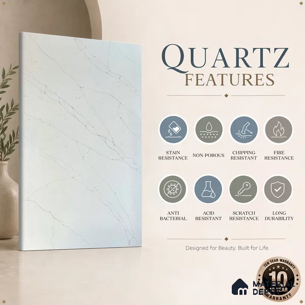 Belina Quartz QR 00245 Ivory Cascade Helsinki Series 11.5 ft x 6.5 ft Quartz - 20 mm | 10 Years of Replacement Warranty | Suitable for Kitchen, Restaurant, Counter Tops, Dining, Reception, office
