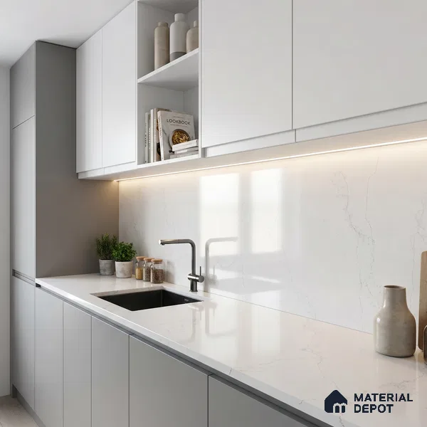 Belina Quartz QR 00246 Mistline Vein Helsinki Series 11.5 ft x 6.5 ft Quartz - 20 mm | 10 Years of Replacement Warranty | Suitable for Kitchen, Restaurant, Counter Tops, Dining, Reception, office