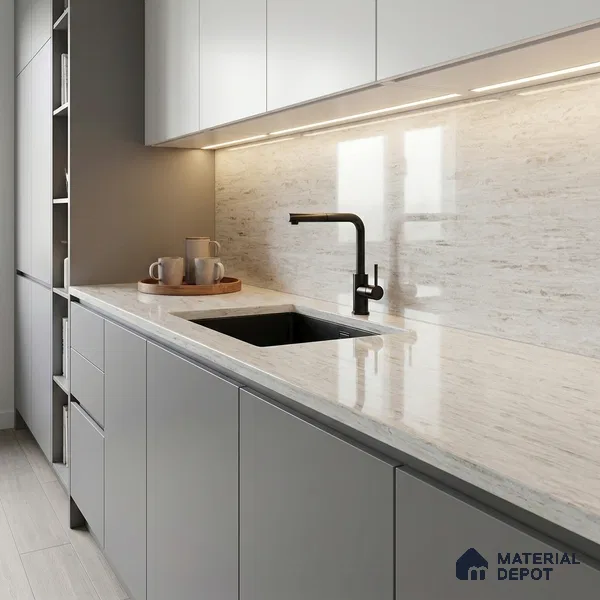 Belina Quartz QR 00253 Sable Drift Helsinki Series 11.42 ft x 6.6 ft Quartz - 20 mm | 10 Years and Replacement Warranty | Suitable for Kitchen, Restaurant, Counter Tops, Dining, Reception, office