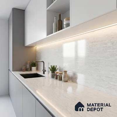 Belina Quartz QR 00256 Silver Mist Helsinki Series 11.42 ft x 6.6 ft Quartz - 20 mm | 10 Years and Replacement Warranty | Suitable for Kitchen, Restaurant, Counter Tops, Dining, Reception, office