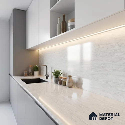Belina Quartz QR 00256 Silver Mist Helsinki Series 11.42 ft x 6.6 ft Quartz - 20 mm | 10 Years and Replacement Warranty | Suitable for Kitchen, Restaurant, Counter Tops, Dining, Reception, office