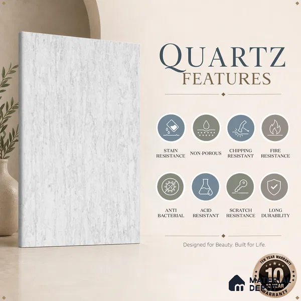 Belina Quartz QR 00256 Silver Mist Helsinki Series 11.42 ft x 6.6 ft Quartz - 20 mm | 10 Years and Replacement Warranty | Suitable for Kitchen, Restaurant, Counter Tops, Dining, Reception, office