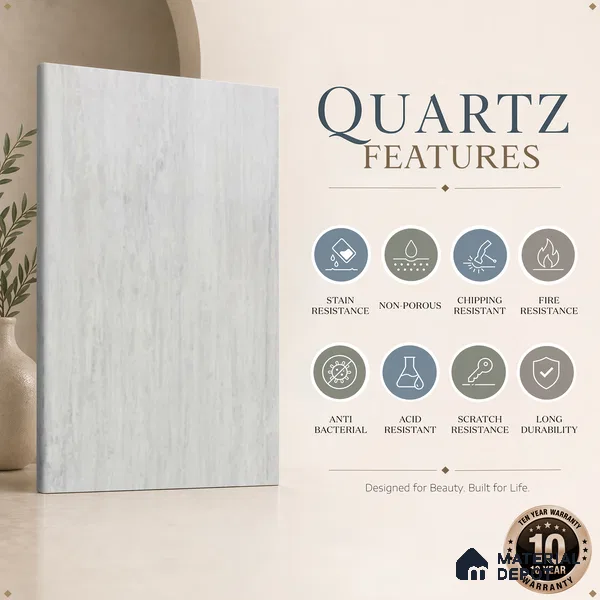 Belina Quartz QR 00258 Silver Drift Helsinki Series 11.42 ft x 6.6 ft Quartz - 20 mm | 10 Years and Replacement Warranty | Suitable for Kitchen, Restaurant, Counter Tops, Dining, Reception, office