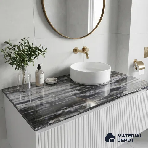 Belina Quartz QR 00259 Obsidian Drift Helsinki Series 11.42 ft x 6.6 ft Quartz - 20 mm | 10 Years and Replacement Warranty | Suitable for Kitchen, Restaurant, Counter Tops, Dining, Reception, office