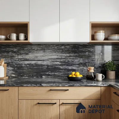 Belina Quartz QR 00259 Obsidian Drift Helsinki Series 11.42 ft x 6.6 ft Quartz - 20 mm | 10 Years and Replacement Warranty | Suitable for Kitchen, Restaurant, Counter Tops, Dining, Reception, office
