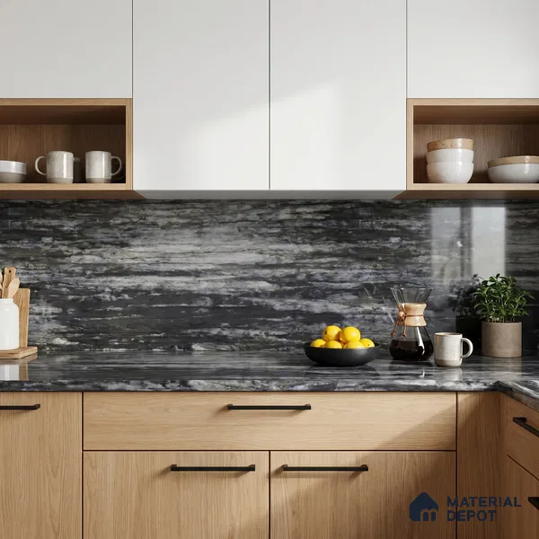 Belina Quartz QR 00259 Obsidian Drift Helsinki Series 11.42 ft x 6.6 ft Quartz - 20 mm | 10 Years and Replacement Warranty | Suitable for Kitchen, Restaurant, Counter Tops, Dining, Reception, office