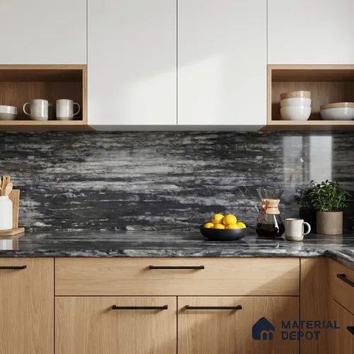 Belina Quartz QR 00259 Obsidian Drift Helsinki Series 11.42 ft x 6.6 ft Quartz - 20 mm | 10 Years and Replacement Warranty | Suitable for Kitchen, Restaurant, Counter Tops, Dining, Reception, office