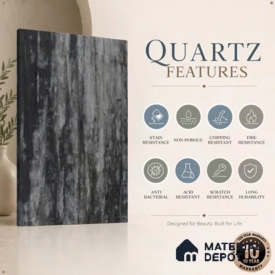Belina Quartz QR 00259 Obsidian Drift Helsinki Series 11.42 ft x 6.6 ft Quartz - 20 mm | 10 Years and Replacement Warranty | Suitable for Kitchen, Restaurant, Counter Tops, Dining, Reception, office