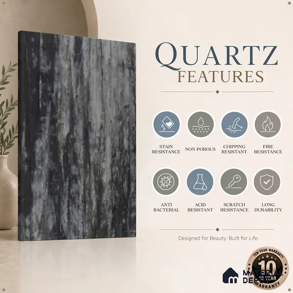 Belina Quartz QR 00259 Obsidian Drift Helsinki Series 11.42 ft x 6.6 ft Quartz - 20 mm | 10 Years and Replacement Warranty | Suitable for Kitchen, Restaurant, Counter Tops, Dining, Reception, office