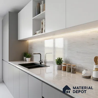 Belina Quartz QR 00261 Ivory Drift Helsinki Series 11.42 ft x 6.6 ft Quartz - 20 mm | 10 Years and Replacement Warranty | Suitable for Kitchen, Restaurant, Counter Tops, Dining, Reception, office