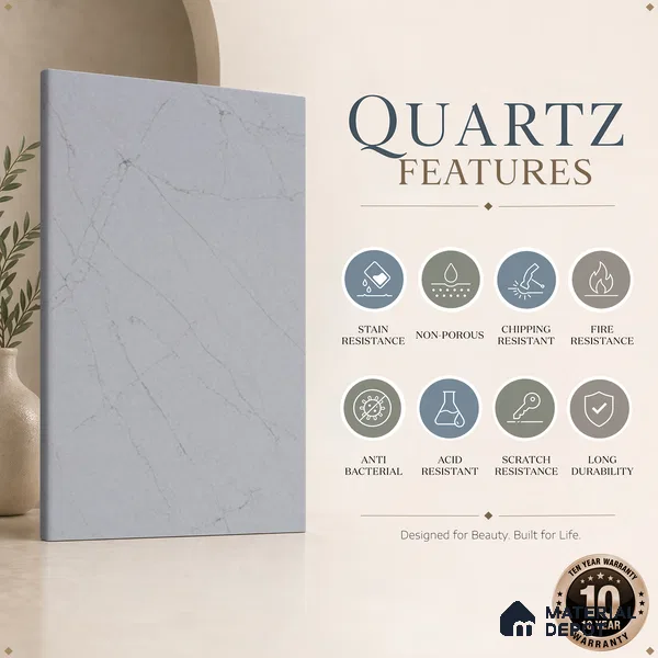 Belina Quartz QR 00262 Silver Veil Helsinki Series 11.42 ft x 6.6 ft Quartz - 20 mm | 10 Years and Replacement Warranty | Suitable for Kitchen, Restaurant, Counter Tops, Dining, Reception, office