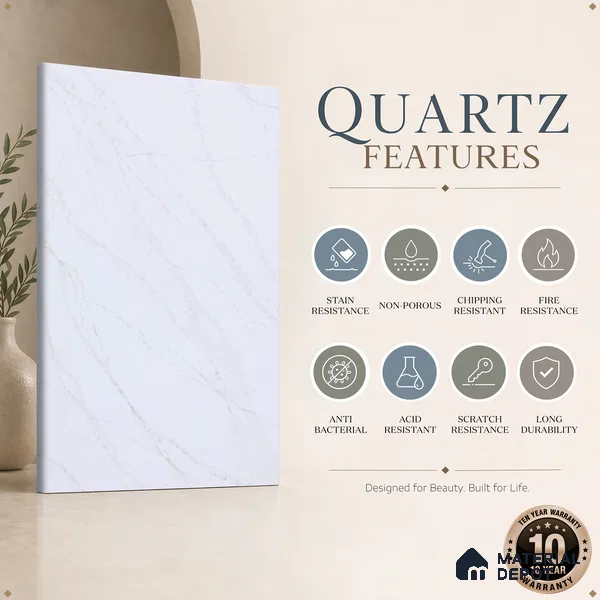 Belina Quartz QR 00263 Whisper Veil Helsinki Series 11.42 ft x 6.6 ft Quartz - 20 mm | 10 Years and Replacement Warranty | Suitable for Kitchen, Restaurant, Counter Tops, Dining, Reception, office
