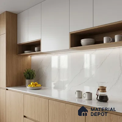Belina Quartz QR 00264 Serene Cascade Helsinki Series 11.42 ft x 6.6 ft Quartz - 20 mm | 10 Years and Replacement Warranty | Suitable for Kitchen, Restaurant, Counter Tops, Dining, Reception, office
