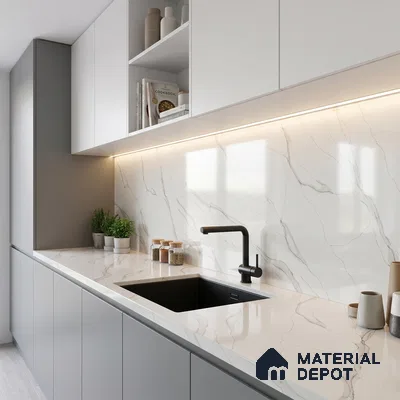 Belina Quartz QR 00273 Serene Cascade Value Series 10.66 ft x 5.41 ft Quartz - 20 mm | 5 Years Warranty | Suitable for Kitchen, Restaurant, Counter Tops, Dining, Reception, office