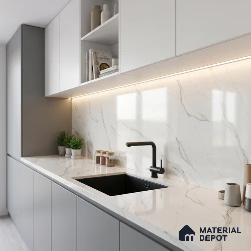 Belina Quartz QR 00273 Serene Cascade Value Series 10.66 ft x 5.41 ft Quartz - 20 mm | 5 Years Warranty | Suitable for Kitchen, Restaurant, Counter Tops, Dining, Reception, office
