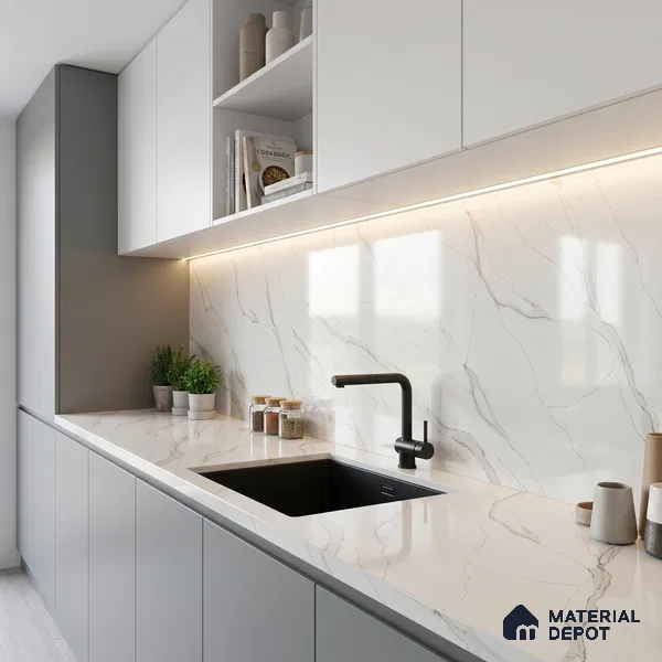 Belina Quartz QR 00273 Serene Cascade Value Series 10.66 ft x 5.41 ft Quartz - 20 mm | 5 Years Warranty | Suitable for Kitchen, Restaurant, Counter Tops, Dining, Reception, office
