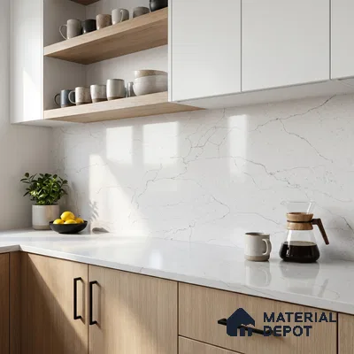 Belina Quartz QR 00275 Calacatta Modena Grey Helsinki Series 10.5 ft x 5.35 ft Quartz - 20 mm | 10 Years and Replacement Warranty | Suitable for Kitchen, Restaurant, Counter Tops, Dining, Reception, office