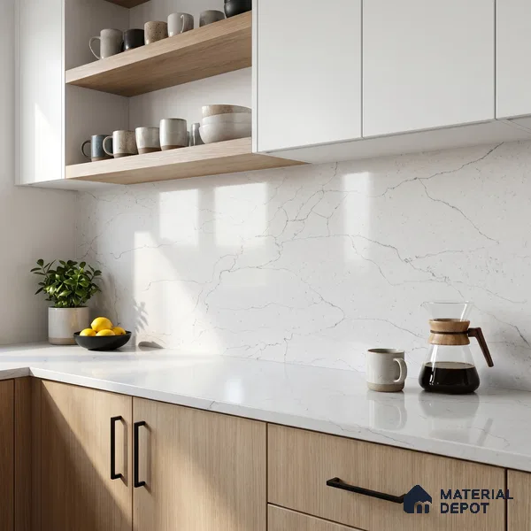 Belina Quartz QR 00275 Calacatta Modena Grey Helsinki Series 10.5 ft x 5.35 ft Quartz - 20 mm | 10 Years and Replacement Warranty | Suitable for Kitchen, Restaurant, Counter Tops, Dining, Reception, office