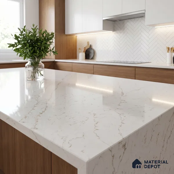 Belina Quartz QR 00276 Calacatta Siena Oro Helsinki Series 10.5 ft x 5.35 ft Quartz - 20 mm | 10 Years and Replacement Warranty | Suitable for Kitchen, Restaurant, Counter Tops, Dining, Reception, office (Sample)