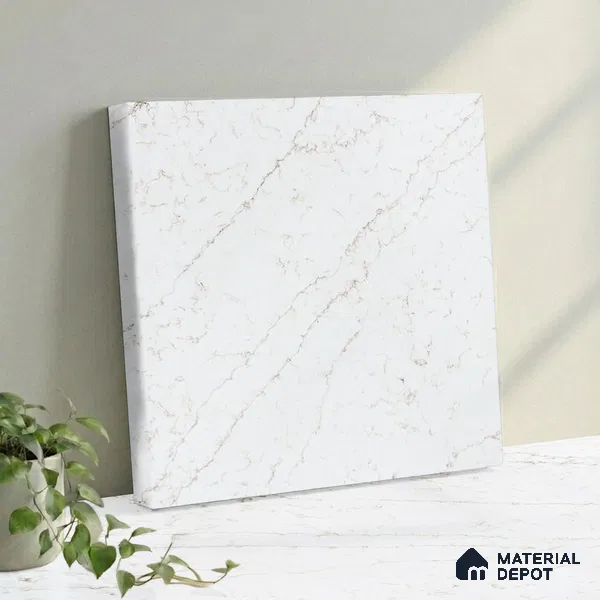 Belina Quartz QR 00276 Calacatta Siena Oro Helsinki Series 10.5 ft x 5.35 ft Quartz - 20 mm | 10 Years and Replacement Warranty | Suitable for Kitchen, Restaurant, Counter Tops, Dining, Reception, office (Sample)