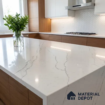 Belina Quartz QR 00277 Calacatta Lucento Helsinki Series 10.5 ft x 5.35 ft Quartz - 20 mm | 10 Years and Replacement Warranty | Suitable for Kitchen, Restaurant, Counter Tops, Dining, Reception, office