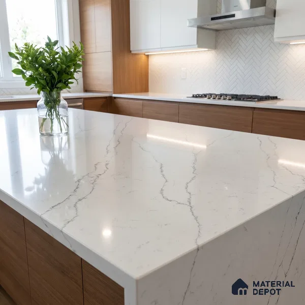 Belina Quartz QR 00277 Calacatta Lucento Helsinki Series 10.5 ft x 5.35 ft Quartz - 20 mm | 10 Years and Replacement Warranty | Suitable for Kitchen, Restaurant, Counter Tops, Dining, Reception, office
