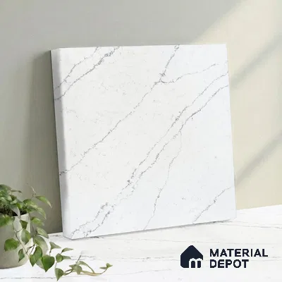 Belina Quartz QR 00277 Calacatta Lucento Helsinki Series 10.5 ft x 5.35 ft Quartz - 20 mm | 10 Years and Replacement Warranty | Suitable for Kitchen, Restaurant, Counter Tops, Dining, Reception, office