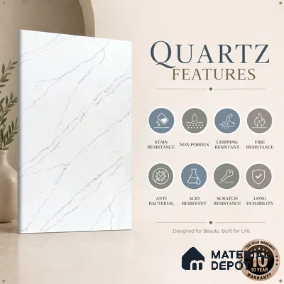 Belina Quartz QR 00277 Calacatta Lucento Helsinki Series 10.5 ft x 5.35 ft Quartz - 20 mm | 10 Years and Replacement Warranty | Suitable for Kitchen, Restaurant, Counter Tops, Dining, Reception, office