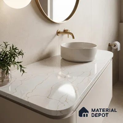 Belina Quartz QR 00278 Calacatta Imperiale Gold Helsinki Series 10.5 ft x 5.35 ft Quartz - 20 mm | 10 Years and Replacement Warranty | Suitable for Kitchen, Restaurant, Counter Tops, Dining, Reception, office