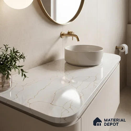 Belina Quartz QR 00278 Calacatta Imperiale Gold Helsinki Series 10.5 ft x 5.35 ft Quartz - 20 mm | 10 Years and Replacement Warranty | Suitable for Kitchen, Restaurant, Counter Tops, Dining, Reception, office