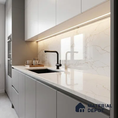 Belina Quartz QR 00278 Calacatta Imperiale Gold Helsinki Series 10.5 ft x 5.35 ft Quartz - 20 mm | 10 Years and Replacement Warranty | Suitable for Kitchen, Restaurant, Counter Tops, Dining, Reception, office