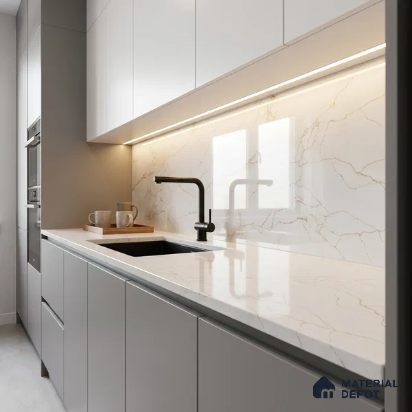 Belina Quartz QR 00278 Calacatta Imperiale Gold Helsinki Series 10.5 ft x 5.35 ft Quartz - 20 mm | 10 Years and Replacement Warranty | Suitable for Kitchen, Restaurant, Counter Tops, Dining, Reception, office