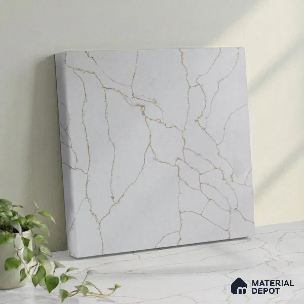 Belina Quartz QR 00278 Calacatta Imperiale Gold Helsinki Series 10.5 ft x 5.35 ft Quartz - 20 mm | 10 Years and Replacement Warranty | Suitable for Kitchen, Restaurant, Counter Tops, Dining, Reception, office