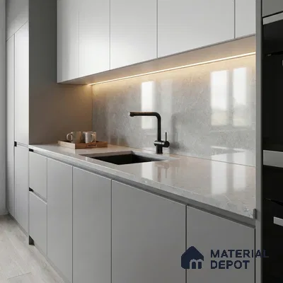 Belina Quartz QR 00279 Mayra Cloud Grey Helsinki Series 10.5 ft x 5.35 ft Quartz - 20 mm | 10 Years and Replacement Warranty | Suitable for Kitchen, Restaurant, Counter Tops, Dining, Reception, office